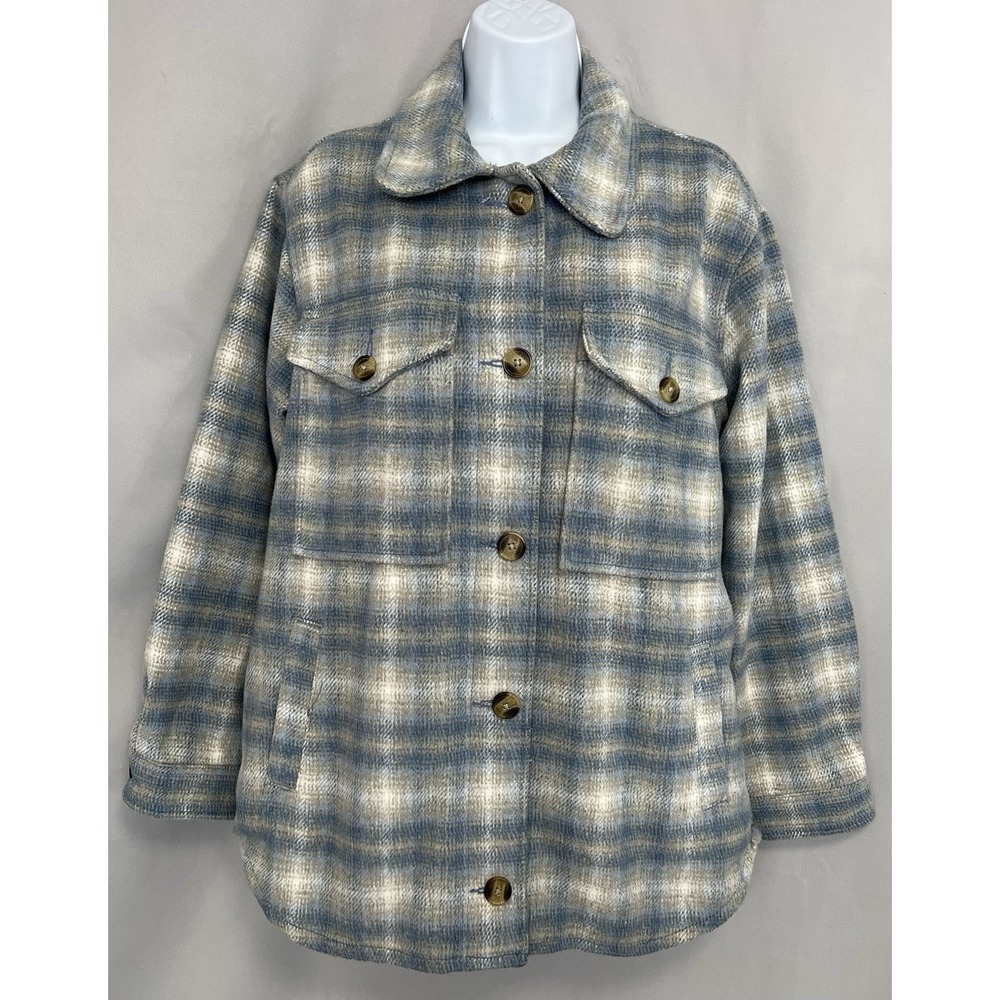 American Eagle Brushed Plaid Shacket Oversized in Grey Blue Cream Size XS